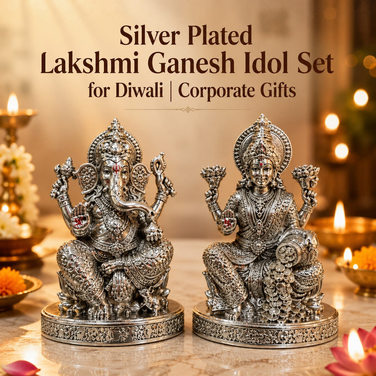 Silver Plated Lakshmi Ganesh Idol Set for Diwali | Corporate Gifts