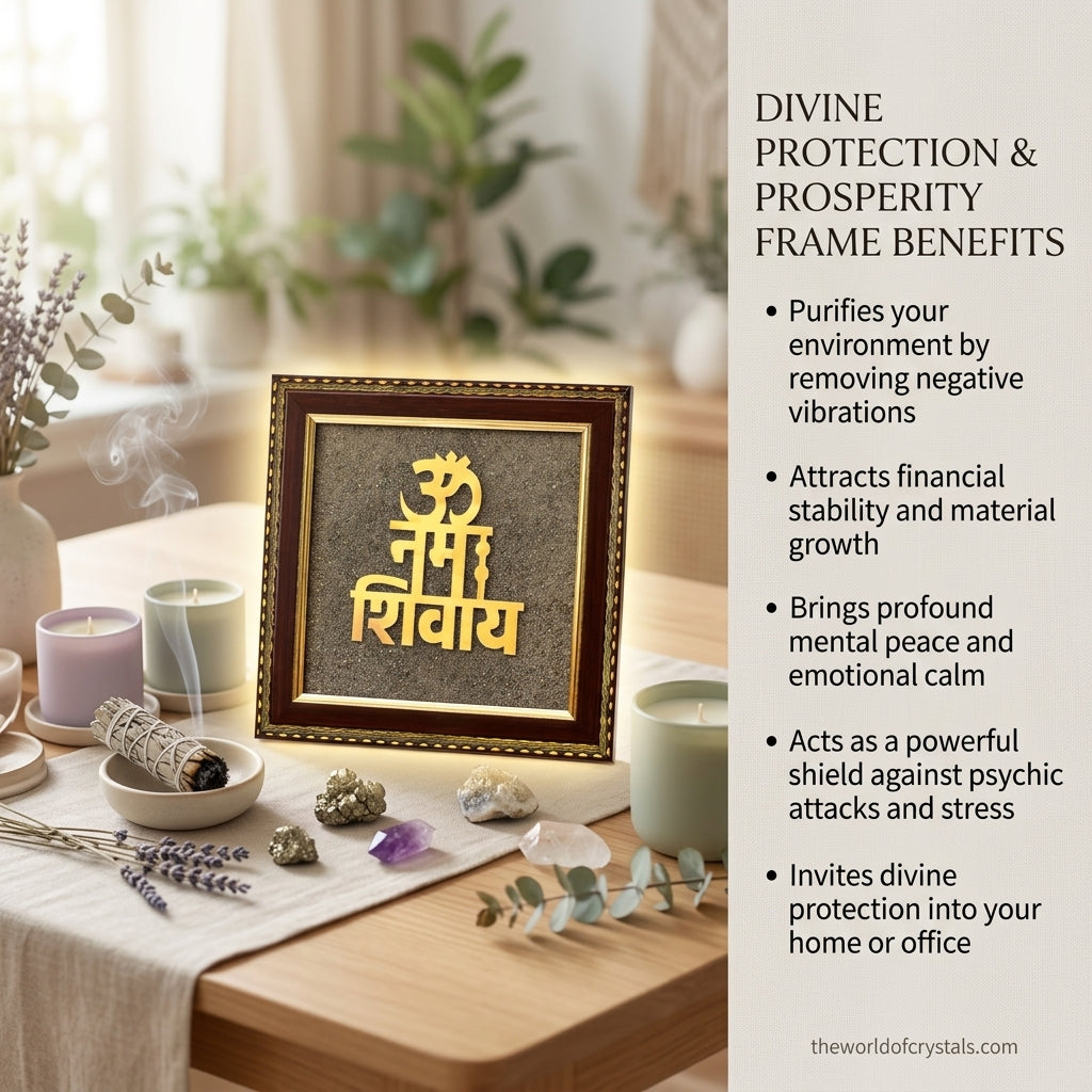 Om Namah Shivay Natural Pyrite Dust Frame for Protection & Peace