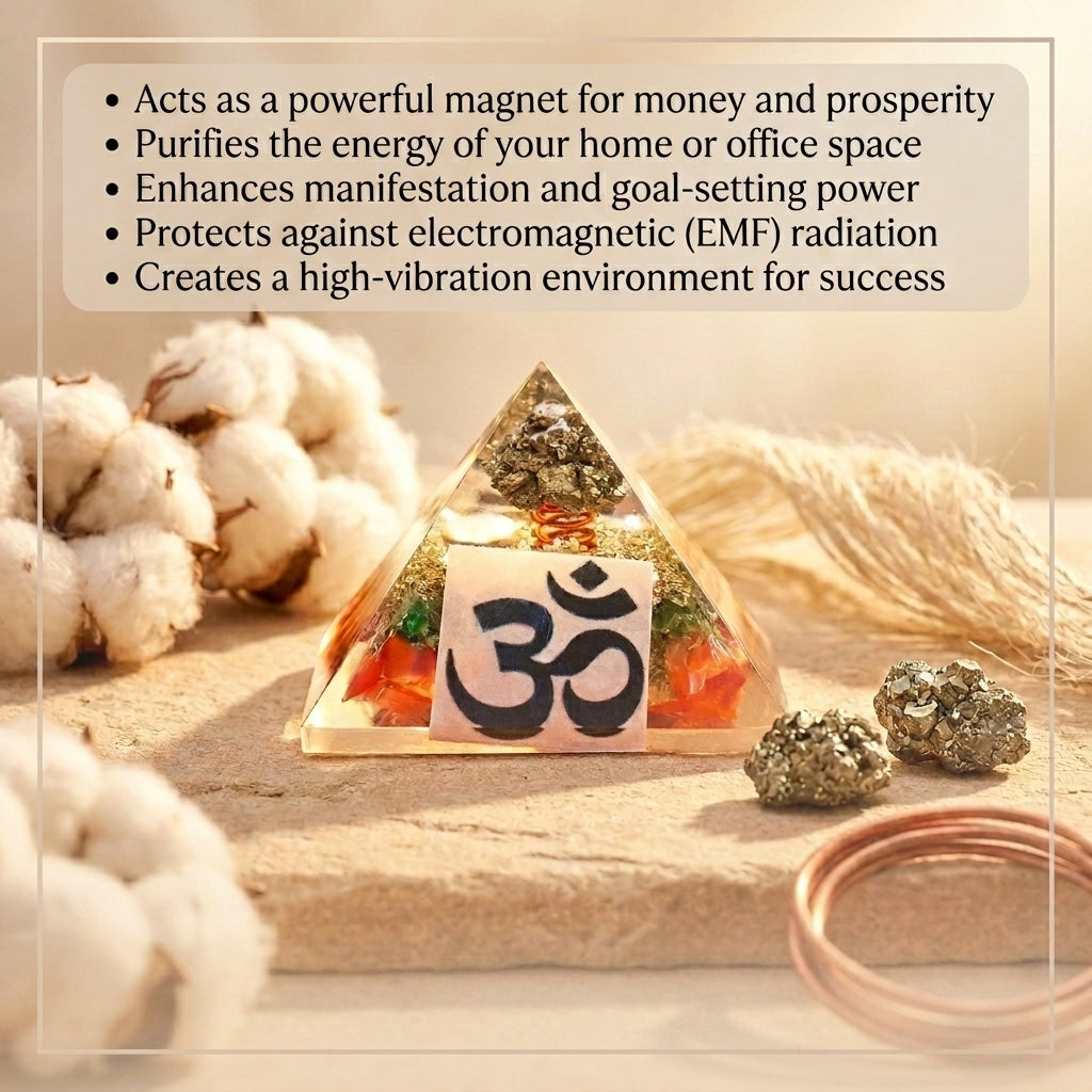 Natural Pyrite & OM Money Magnet Orgone Pyramid for Wealth & Financial Success