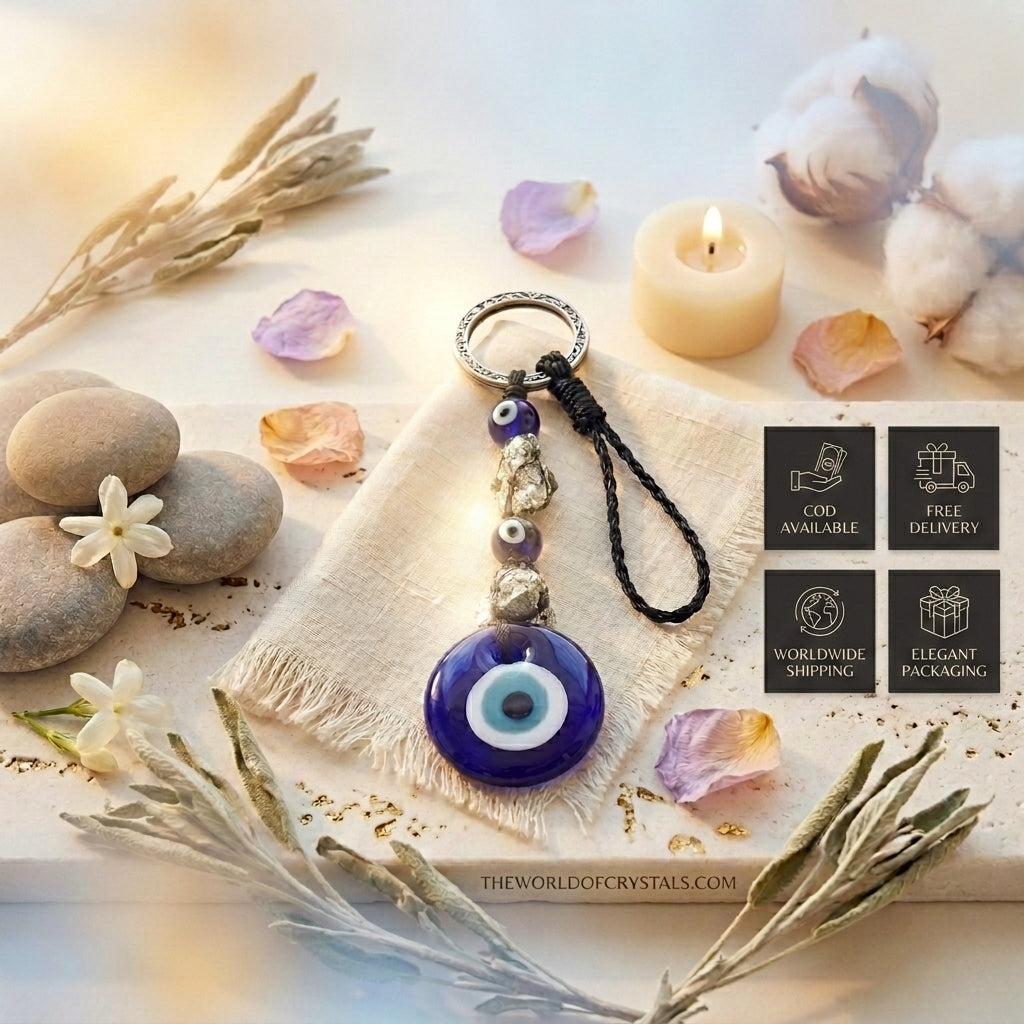Natural Raw Pyrite Evil Eye Keychain for Wealth Attraction & Spiritual Protection