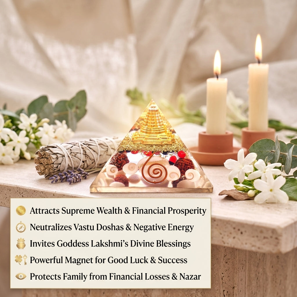 Sacred Shree Yantra & Gomti Chakra Orgone Pyramid for Wealth, Vastu Correction & Prosperity