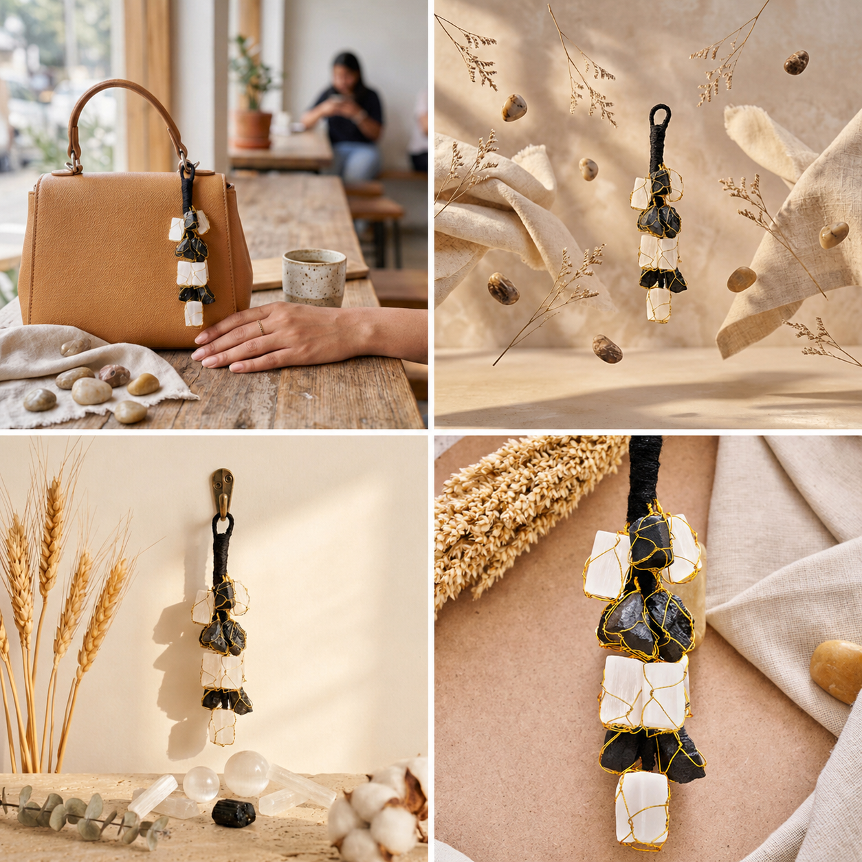 Natural Black Tourmaline & Selenite Raw Crystal "Gatekeeper" — Protection Hanging & Keychain