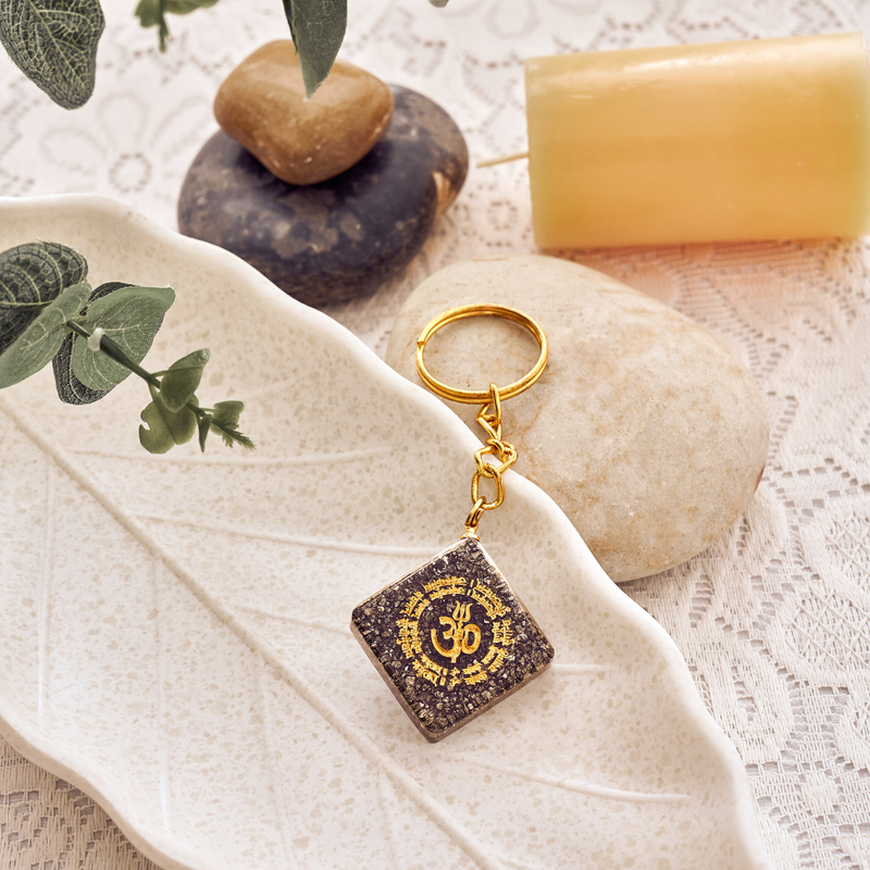 Natural Pyrite "OM" Keychain for Wealth, Abundance & Divine Protection