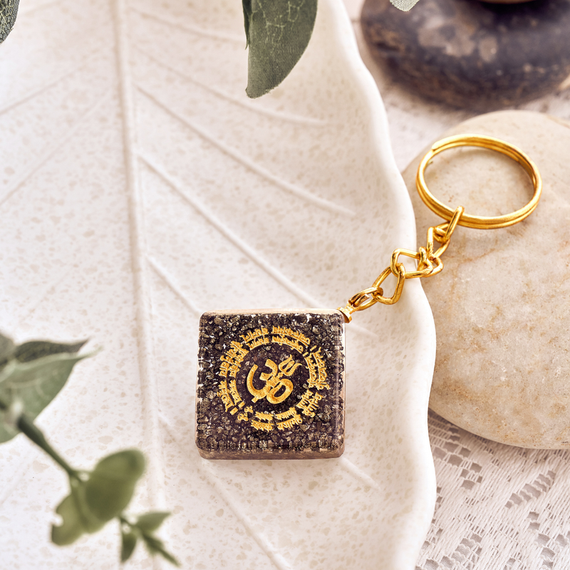 Natural Pyrite "OM" Keychain for Wealth, Abundance & Divine Protection