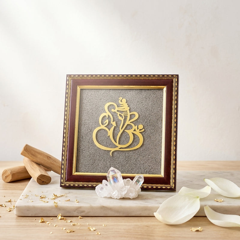 Ganesha Natural Pyrite Dust Wooden Frame for Vastu & Luck
