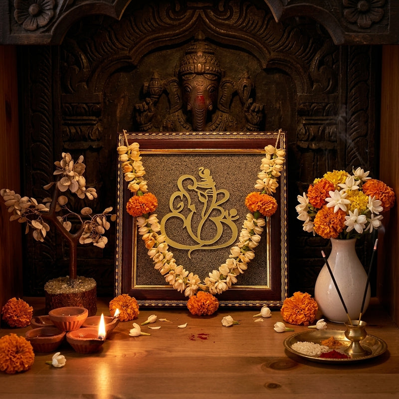 Ganesha Natural Pyrite Dust Wooden Frame for Vastu & Luck
