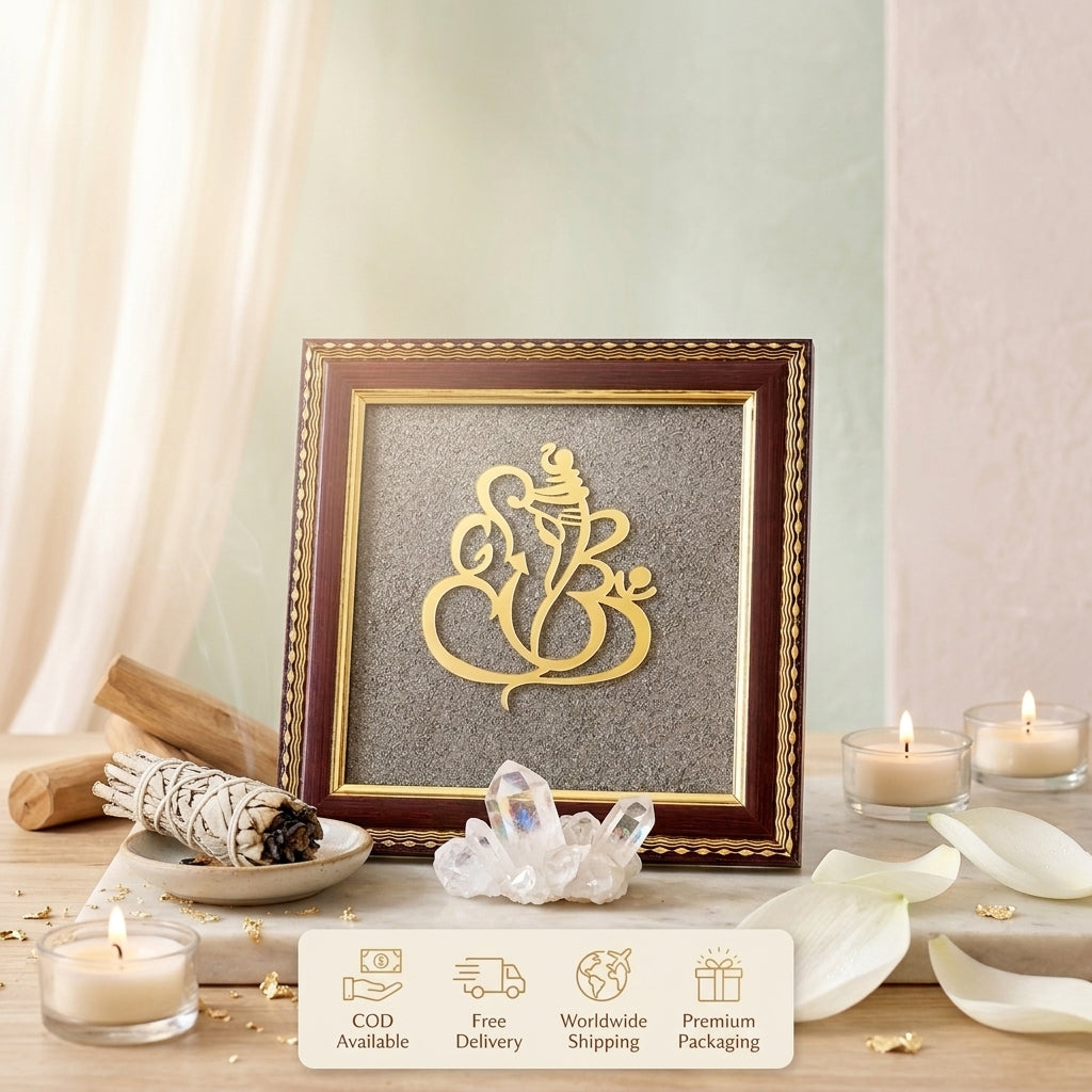 Ganesha Natural Pyrite Dust Wooden Frame for Vastu & Luck