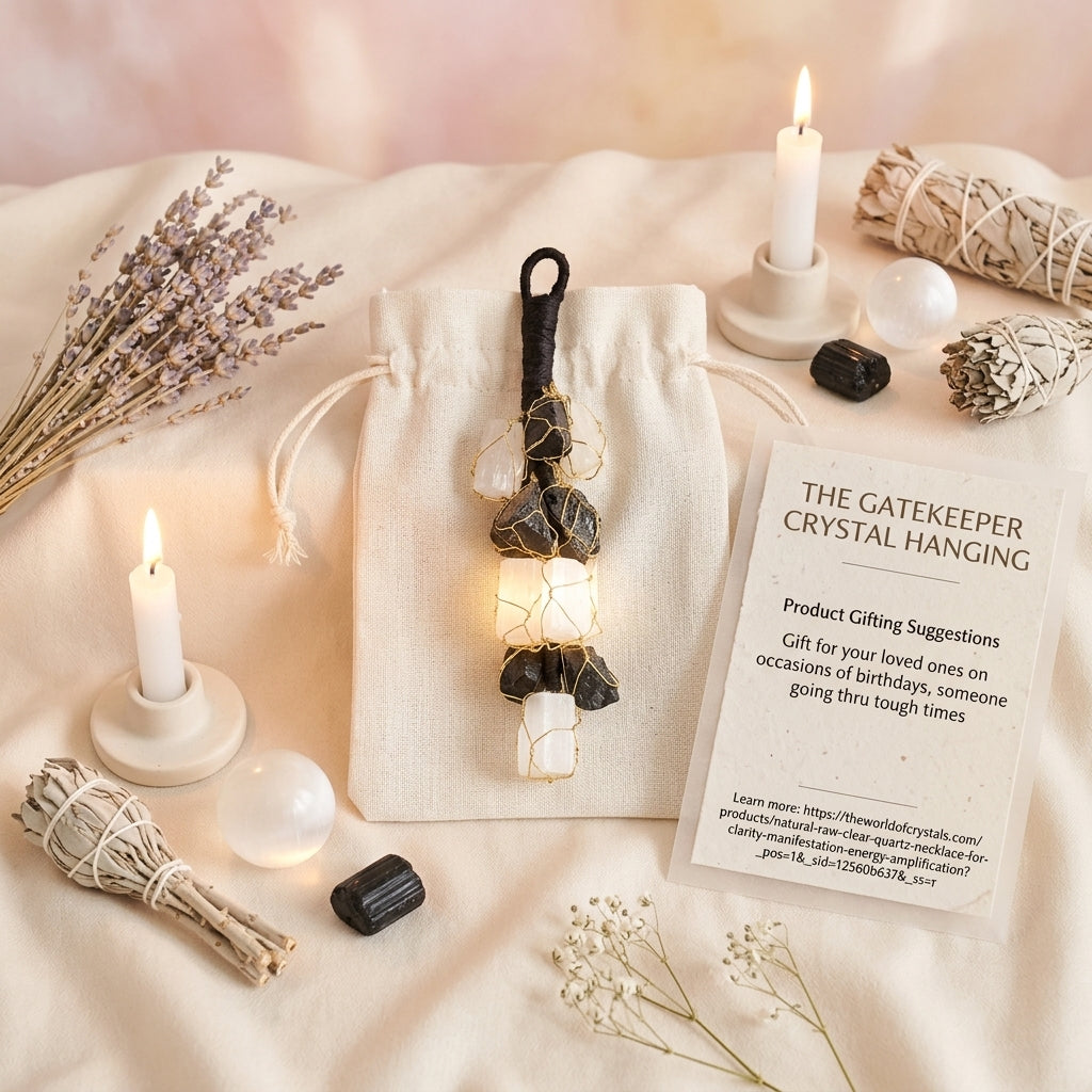 Natural Black Tourmaline & Selenite Raw Crystal "Gatekeeper" — Protection Hanging & Keychain