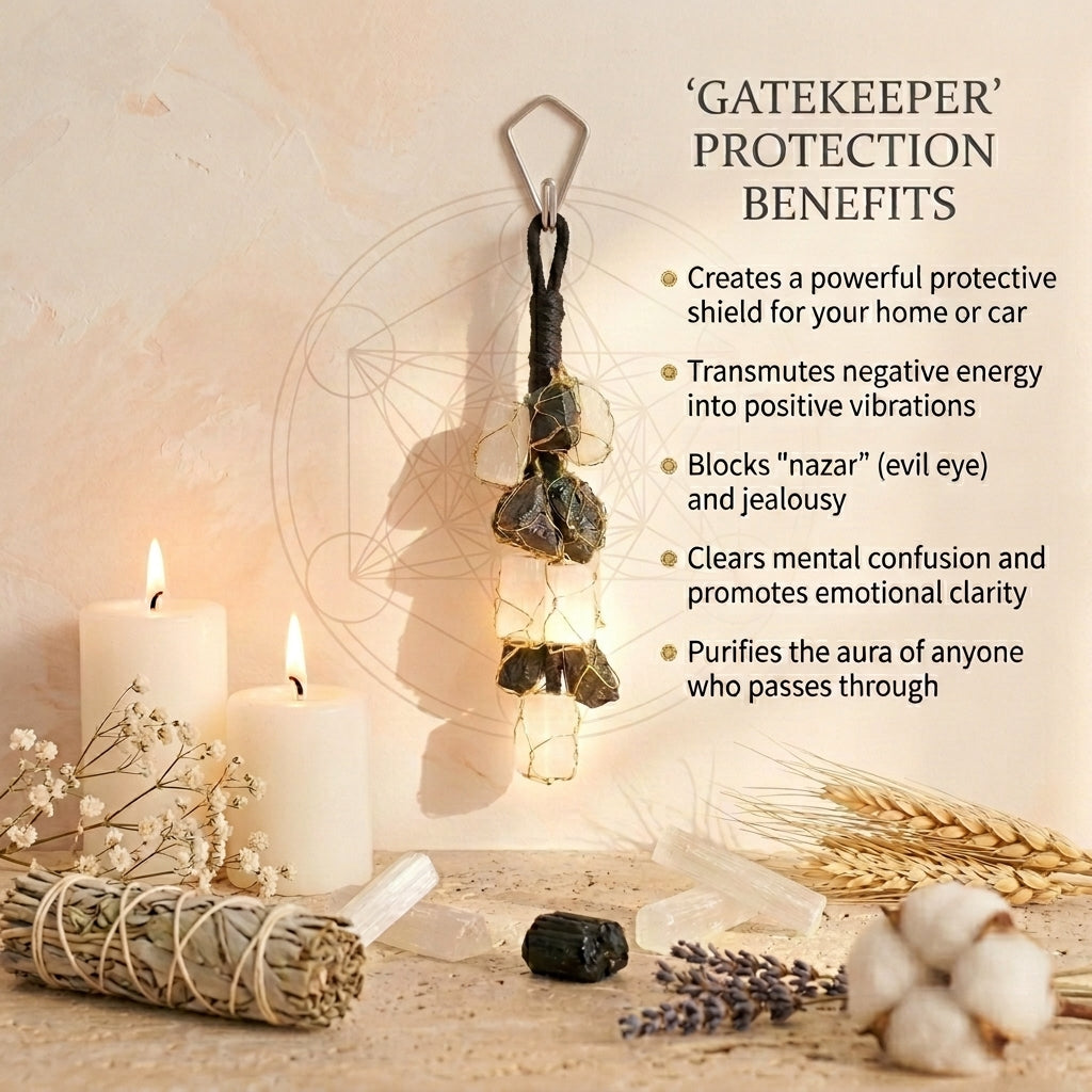 Natural Black Tourmaline & Selenite Raw Crystal "Gatekeeper" — Protection Hanging & Keychain