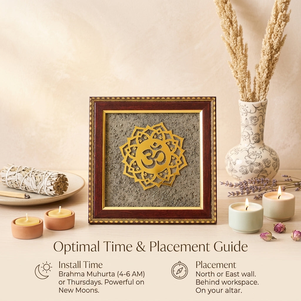 OM Natural Pyrite Dust Wooden Frame for Wealth & Vastu