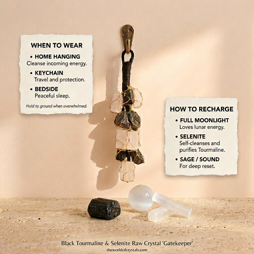 Natural Black Tourmaline & Selenite Raw Crystal "Gatekeeper" — Protection Hanging & Keychain