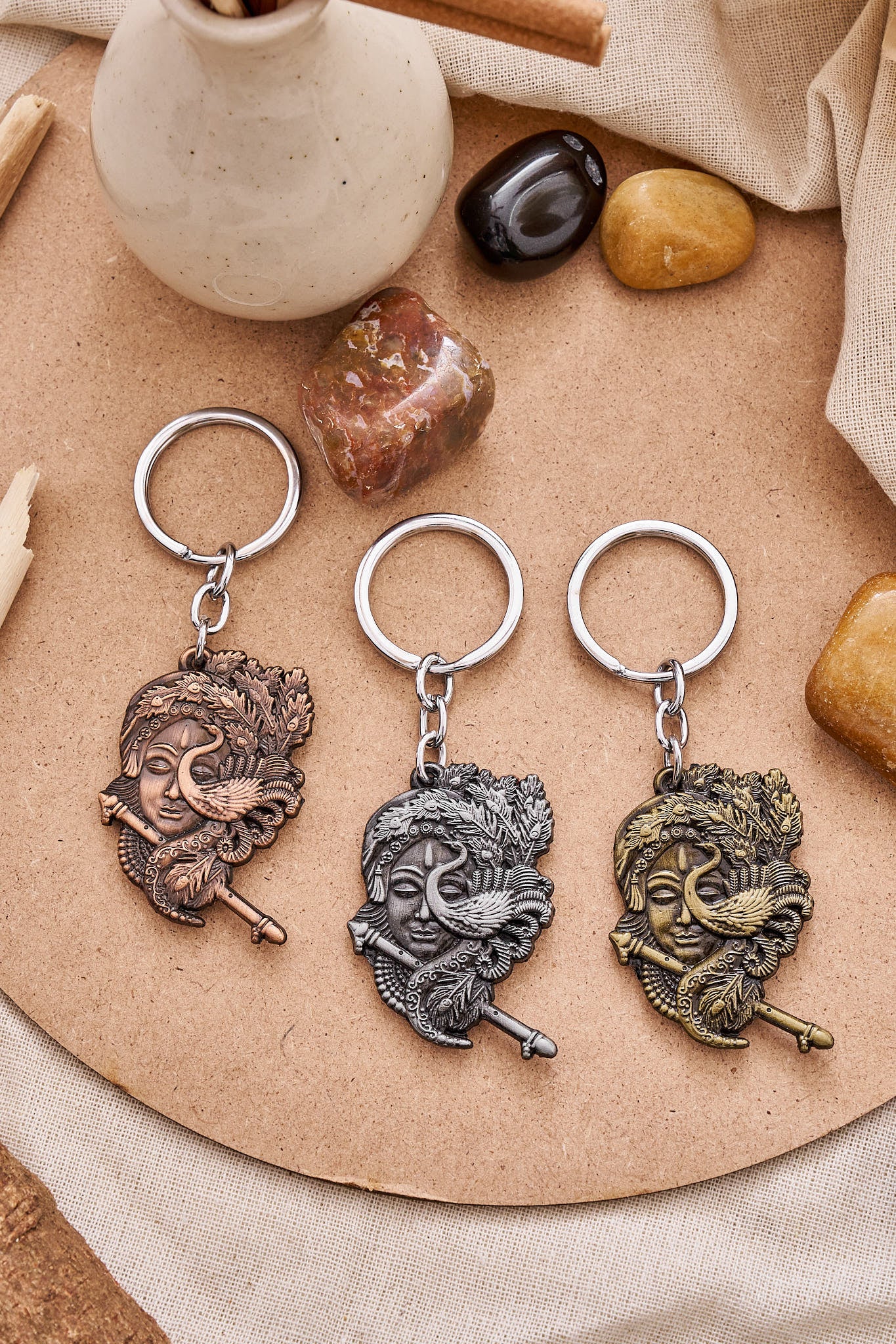Lord Krishna flute metal keychain with intricate detailing for spiritual and festive gifting