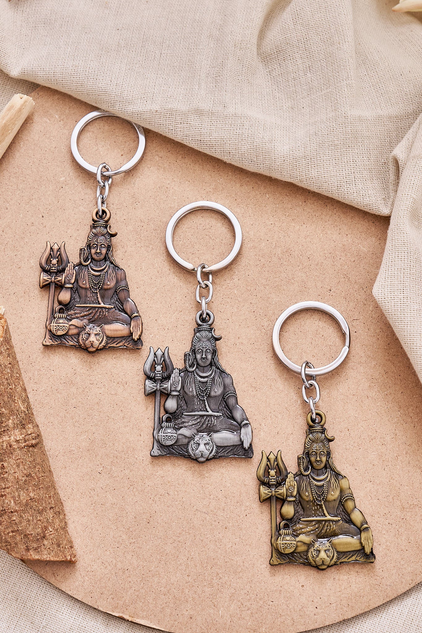 Lord Shiva Mahadev Trishul keychain set of 3 in silver bronze and gold finishes