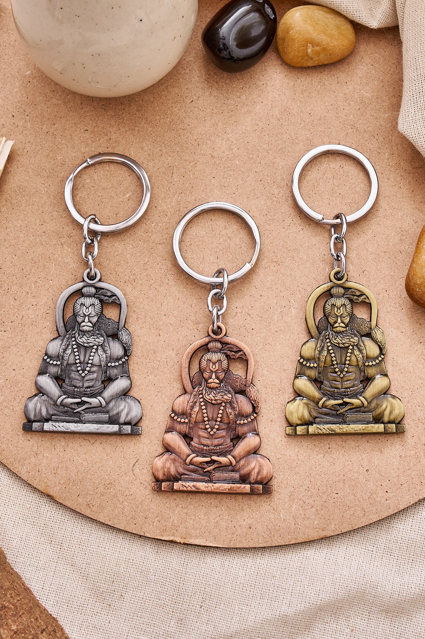 Meditating Lord Hanuman metal keychain with intricate detailing for spiritual gifting