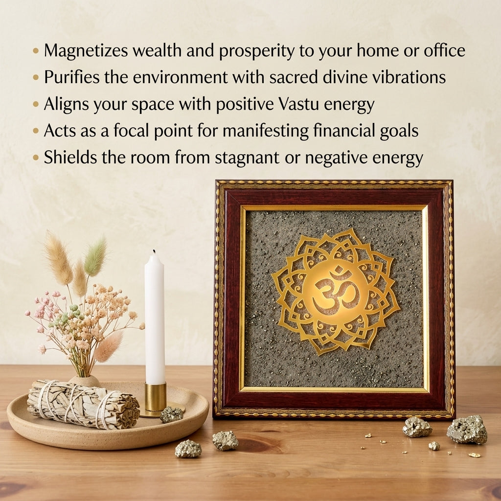 OM Natural Pyrite Dust Wooden Frame for Wealth & Vastu