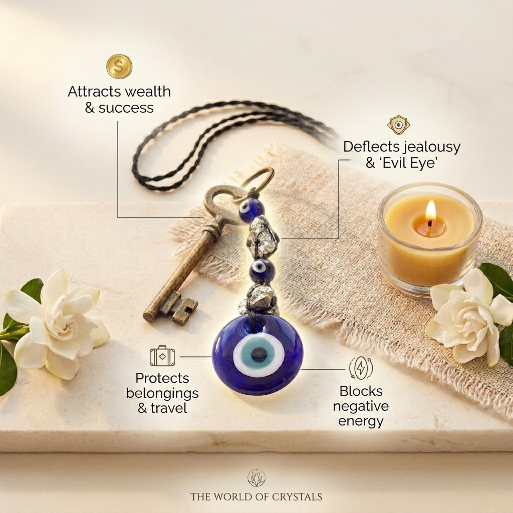 Natural Raw Pyrite Evil Eye Keychain for Wealth Attraction & Spiritual Protection