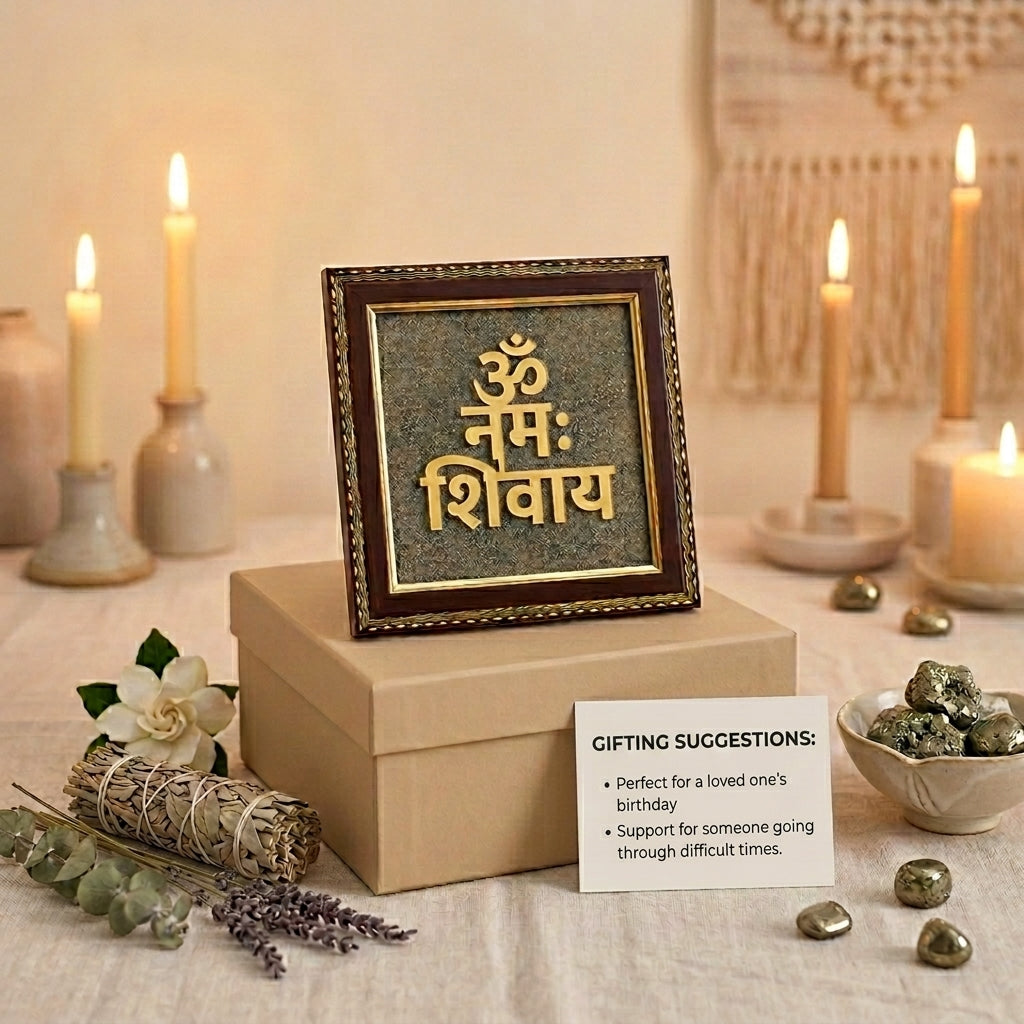 Om Namah Shivay Natural Pyrite Dust Frame for Protection & Peace