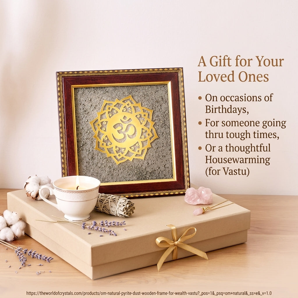 OM Natural Pyrite Dust Wooden Frame for Wealth & Vastu