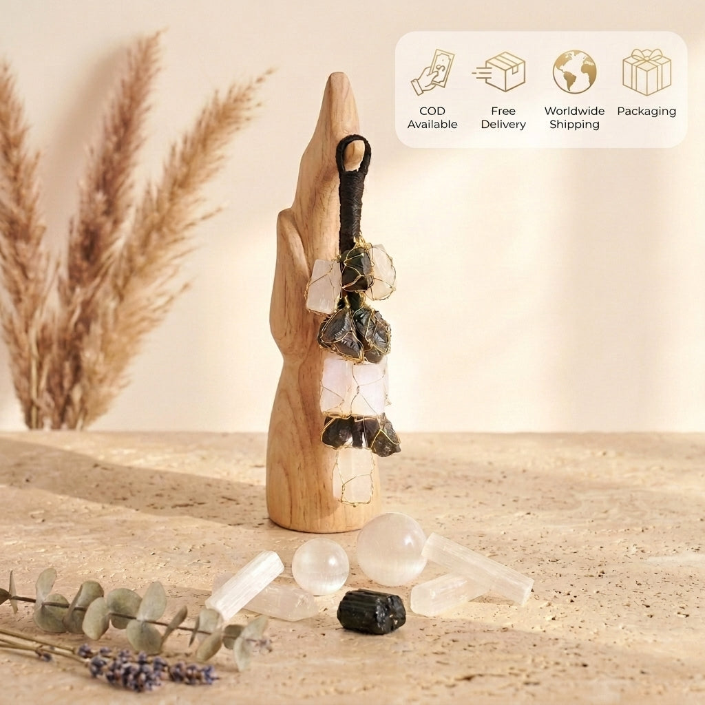 Natural Black Tourmaline & Selenite Raw Crystal "Gatekeeper" — Protection Hanging & Keychain