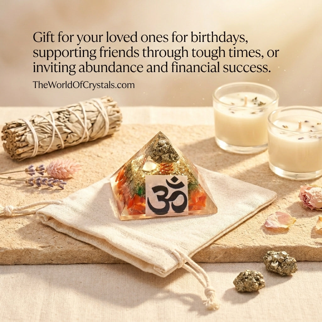 Natural Pyrite & OM Money Magnet Orgone Pyramid for Wealth & Financial Success