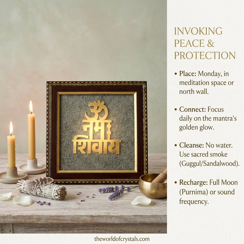Om Namah Shivay Natural Pyrite Dust Frame for Protection & Peace