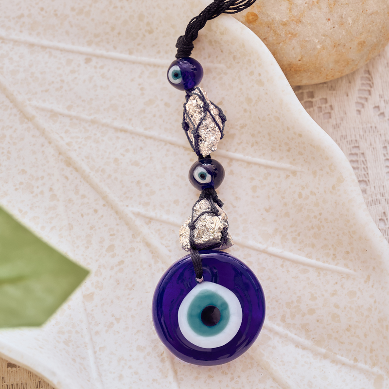 Natural Raw Pyrite Evil Eye Keychain for Wealth Attraction & Spiritual Protection
