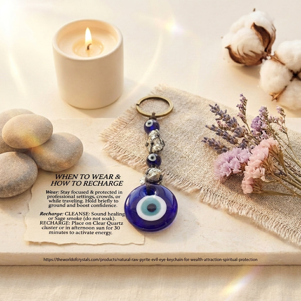 Natural Raw Pyrite Evil Eye Keychain for Wealth Attraction & Spiritual Protection