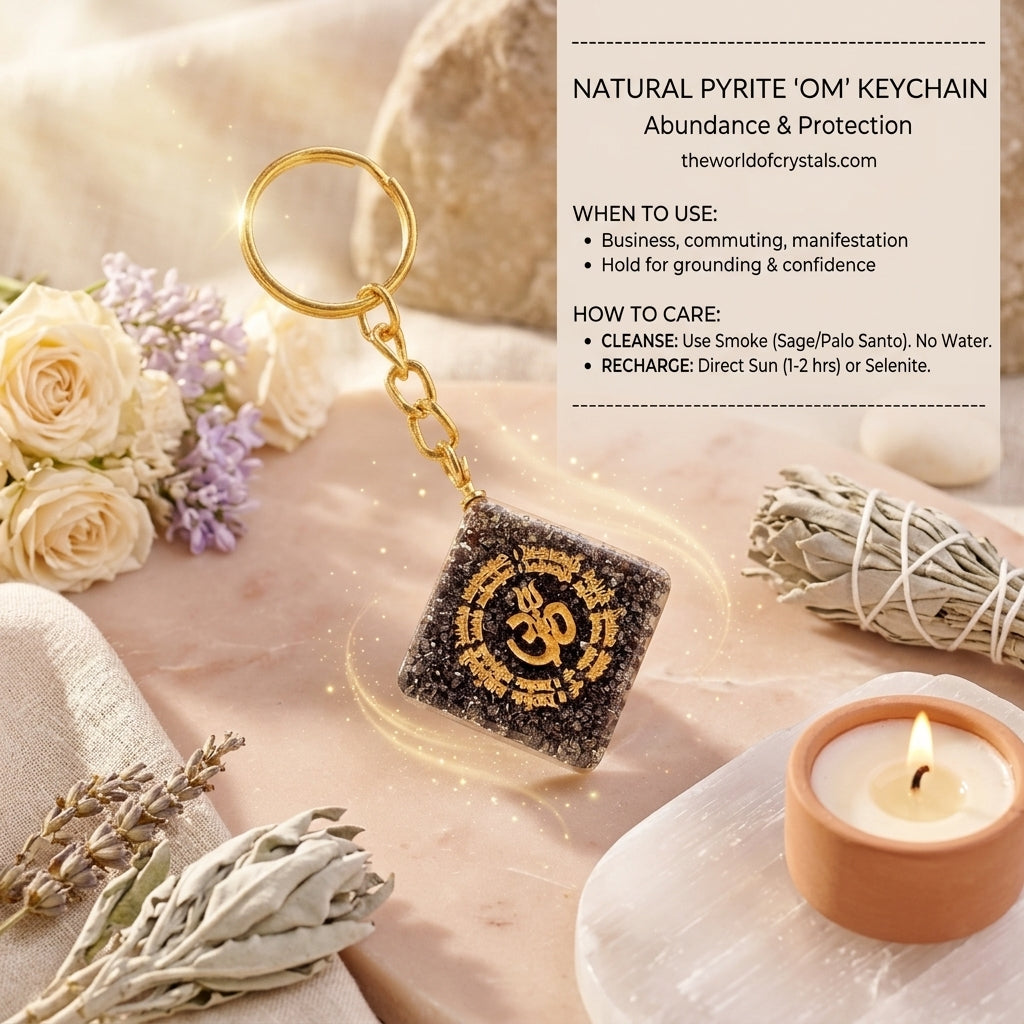 Natural Pyrite "OM" Keychain for Wealth, Abundance & Divine Protection