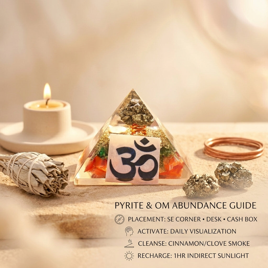 Natural Pyrite & OM Money Magnet Orgone Pyramid for Wealth & Financial Success