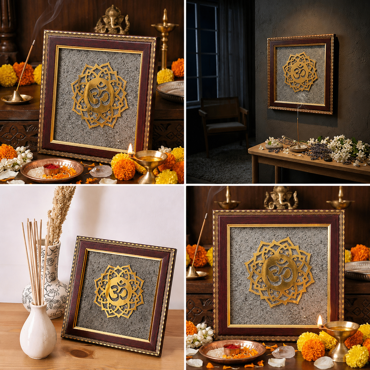 OM Natural Pyrite Dust Wooden Frame for Wealth & Vastu