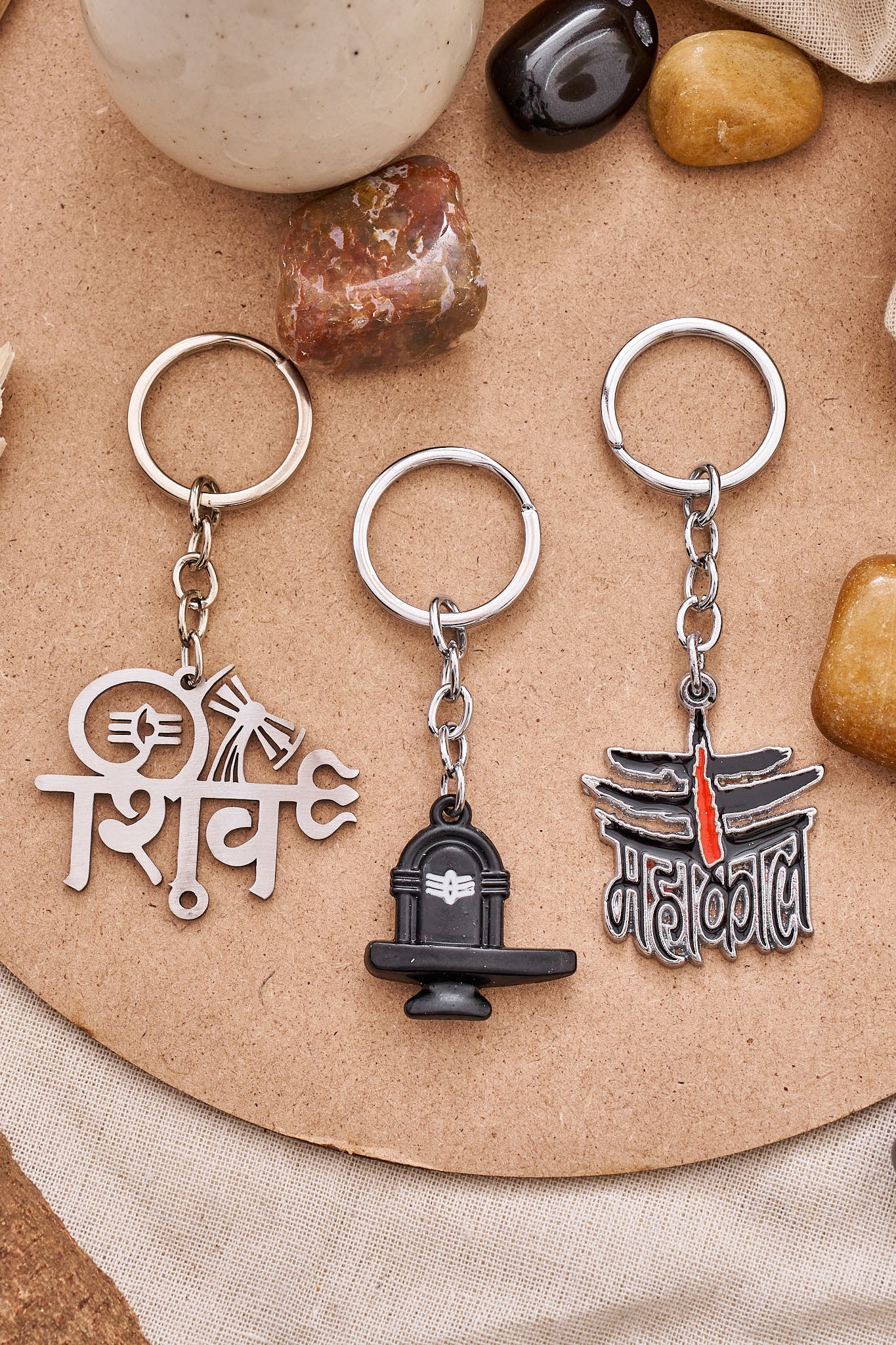 Shiva symbol metal keychain featuring Shiv, Shivling and Mahakal designs for spiritual gifting