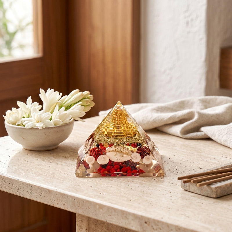 Sacred Shree Yantra & Gomti Chakra Orgone Pyramid for Wealth, Vastu Correction & Prosperity