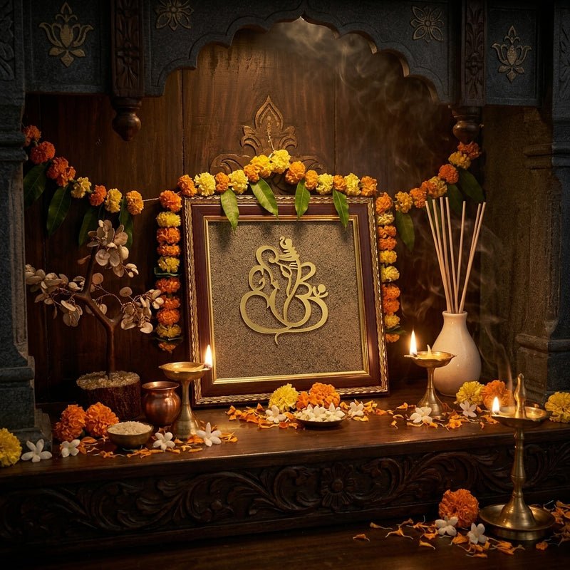 Ganesha Natural Pyrite Dust Wooden Frame for Vastu & Luck