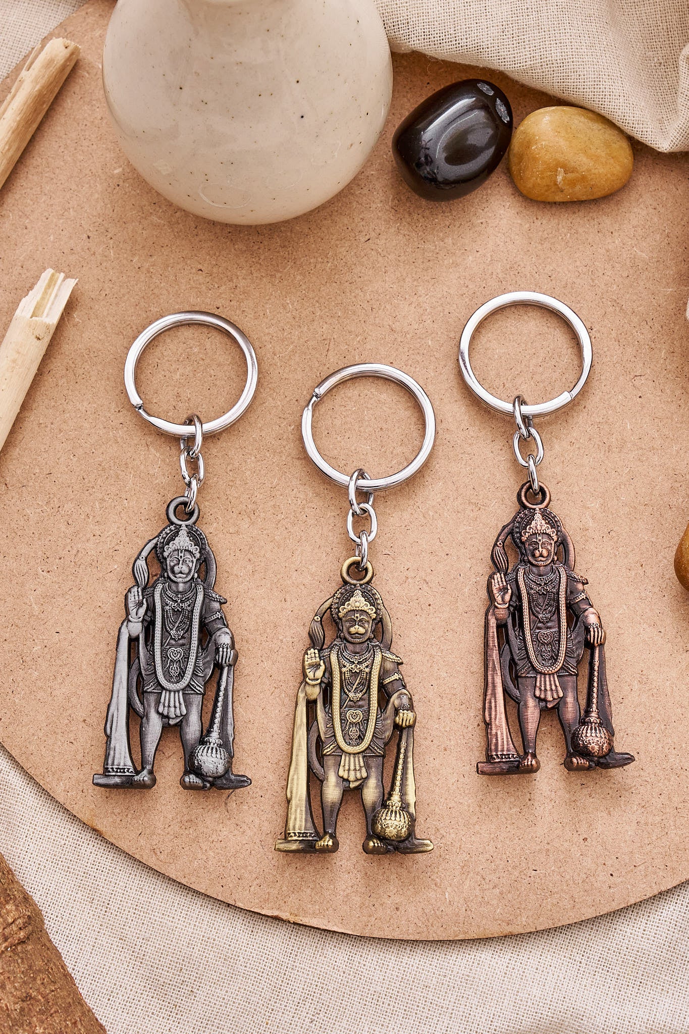 Standing Hanuman keychain set of 3 featuring Lord Hanuman in silver, gold and copper finishes