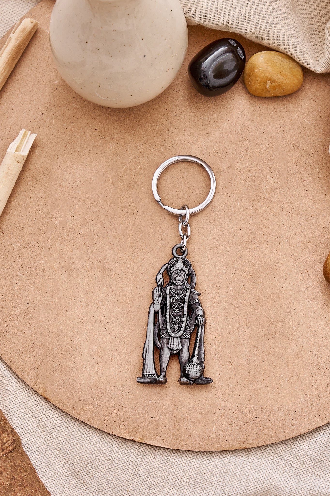 Silver standing Hanuman keychain featuring Lord Hanuman