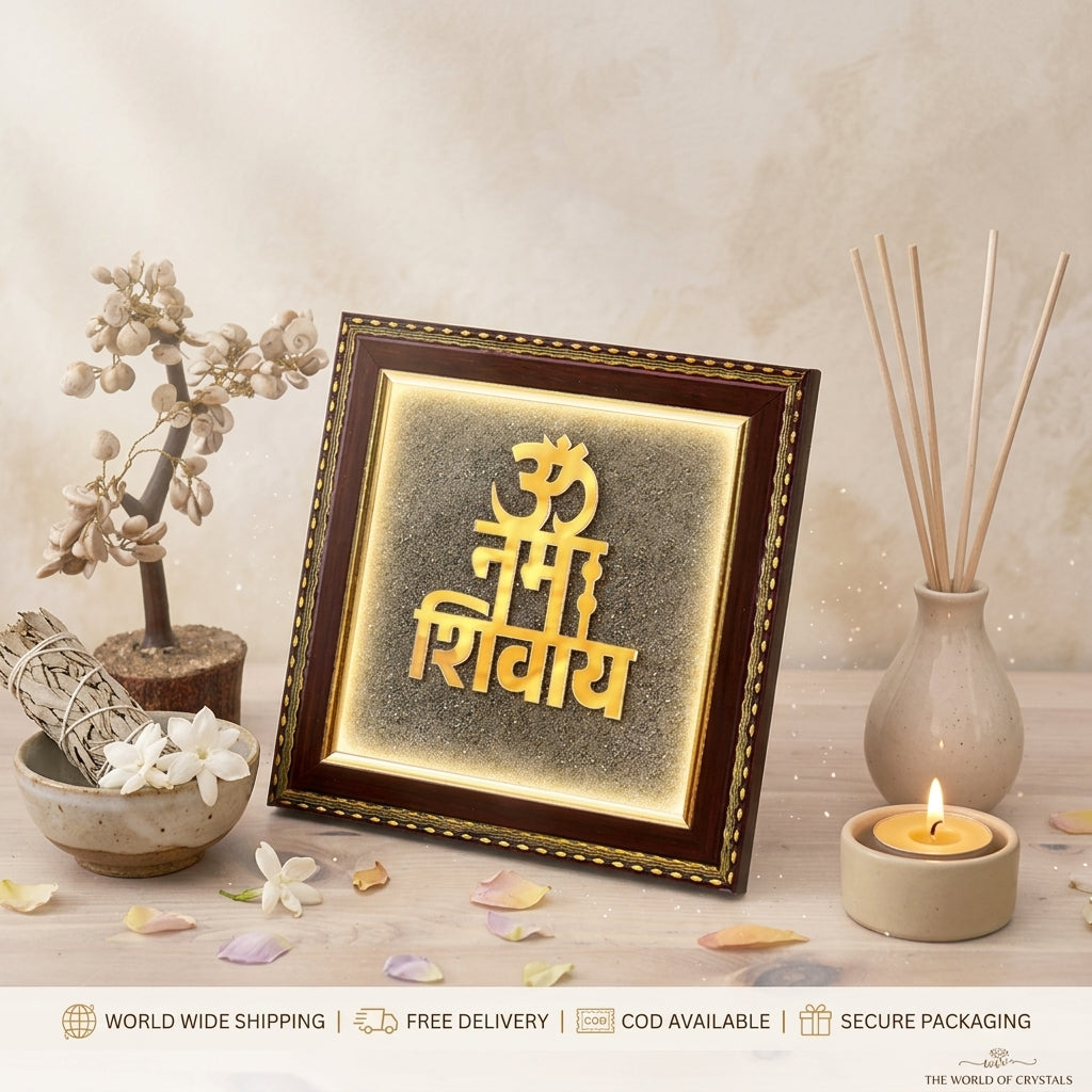 Om Namah Shivay Natural Pyrite Dust Frame for Protection & Peace