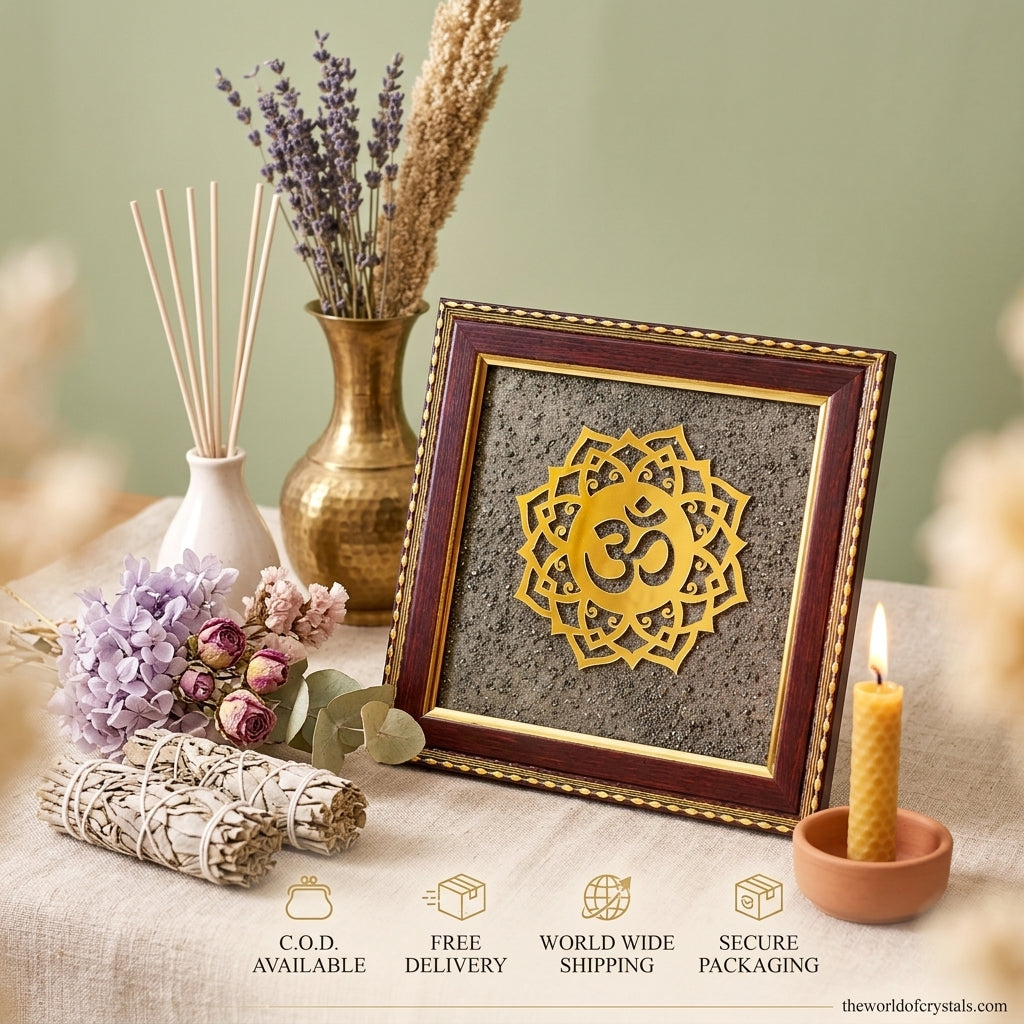 OM Natural Pyrite Dust Wooden Frame for Wealth & Vastu