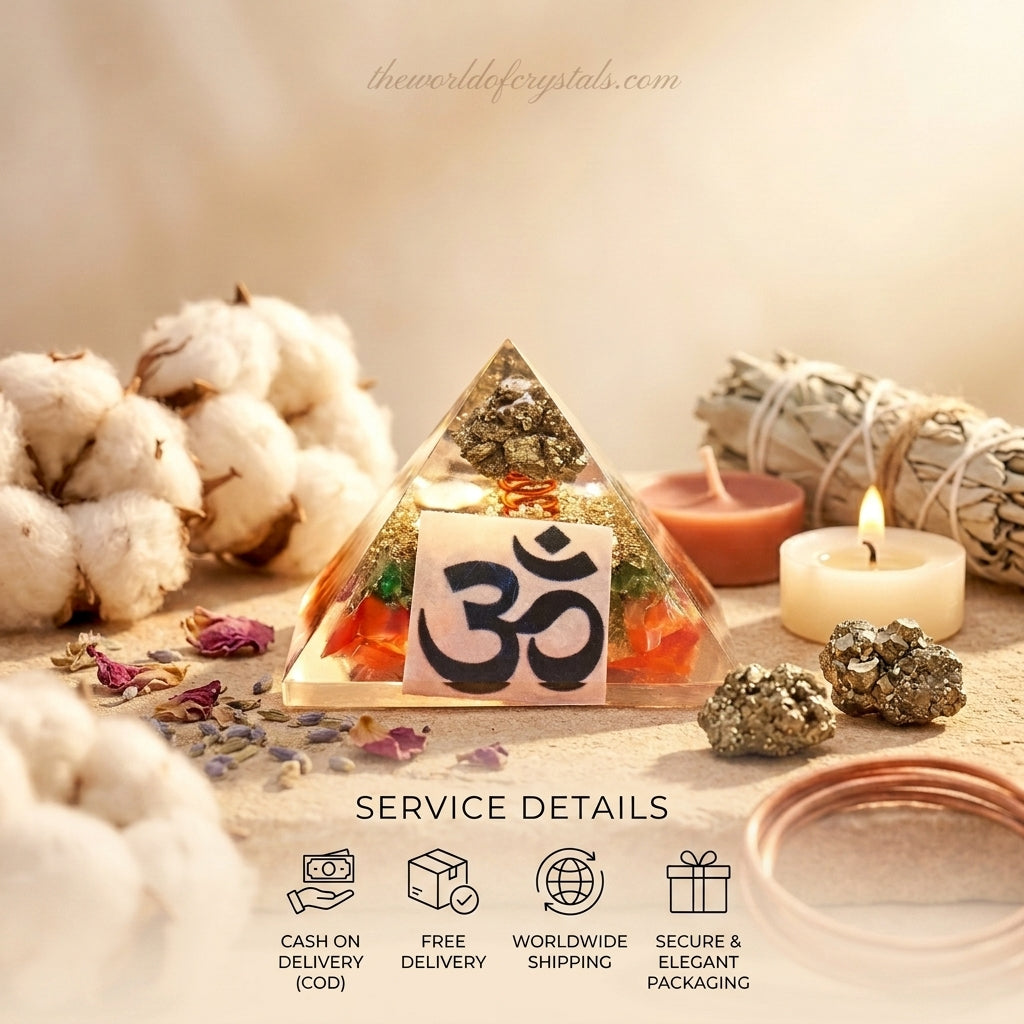 Natural Pyrite & OM Money Magnet Orgone Pyramid for Wealth & Financial Success