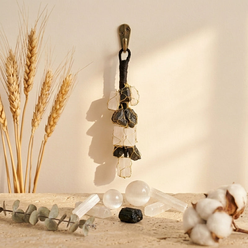 Natural Black Tourmaline & Selenite Raw Crystal "Gatekeeper" — Protection Hanging & Keychain