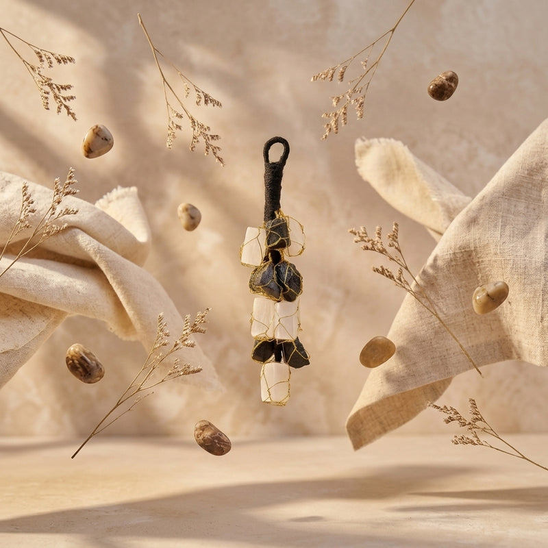Natural Black Tourmaline & Selenite Raw Crystal "Gatekeeper" — Protection Hanging & Keychain